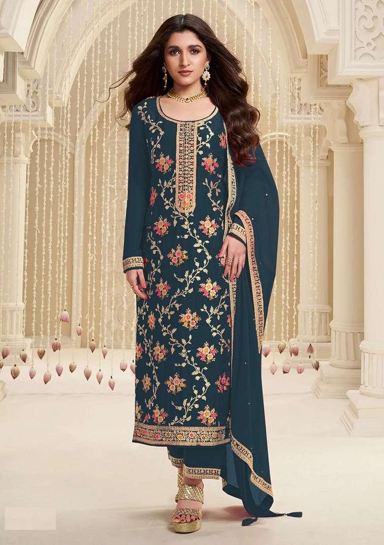 Dark Grey Embroidered Viscose Pakistani Suit Set - Indya