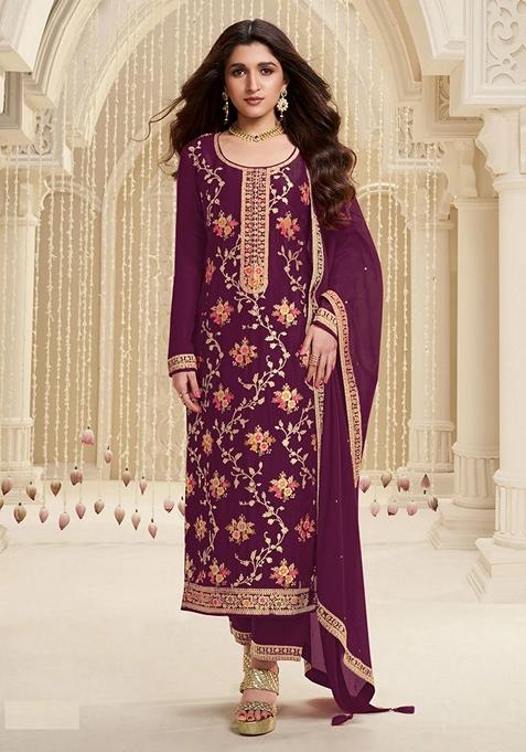 Wine Embroidered Viscose Kurta Set