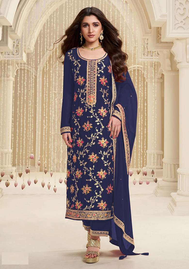 Blue Embroidered Viscose Pakistani Suit Set - Indya