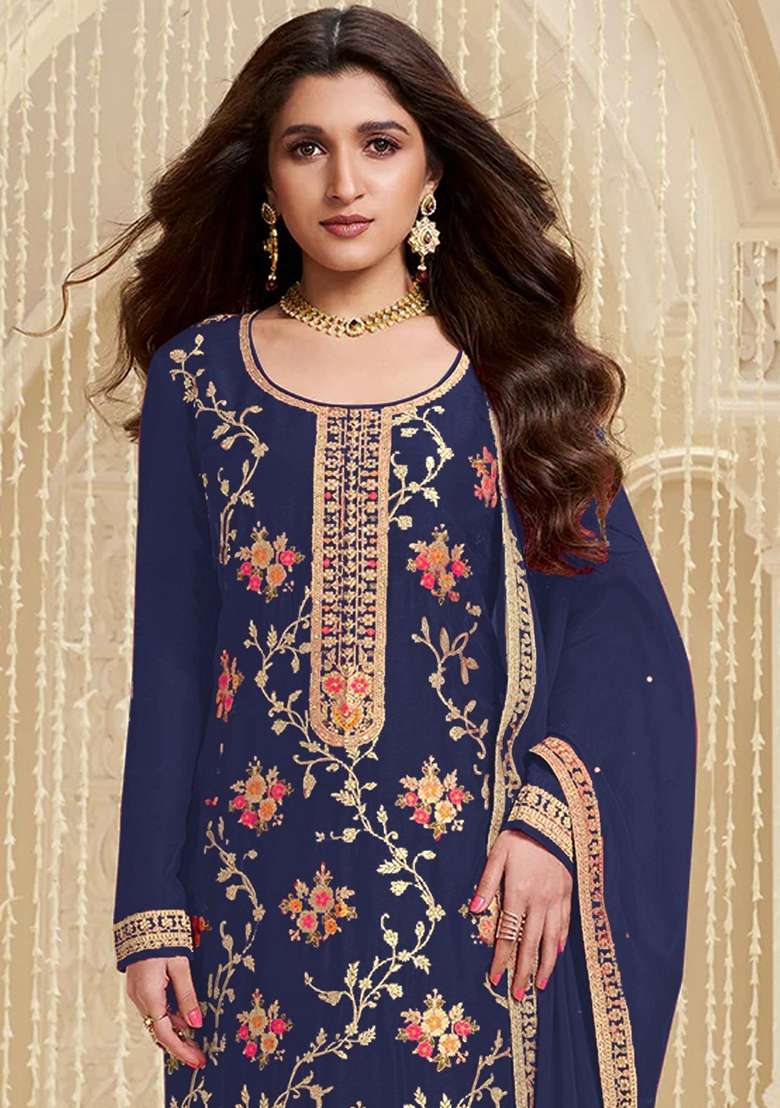Blue Embroidered Viscose Pakistani Suit Set - Indya