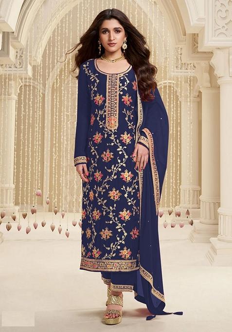 Blue Embroidered Viscose Kurta Set