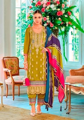 Green Embroidered Chinon Kurta Set