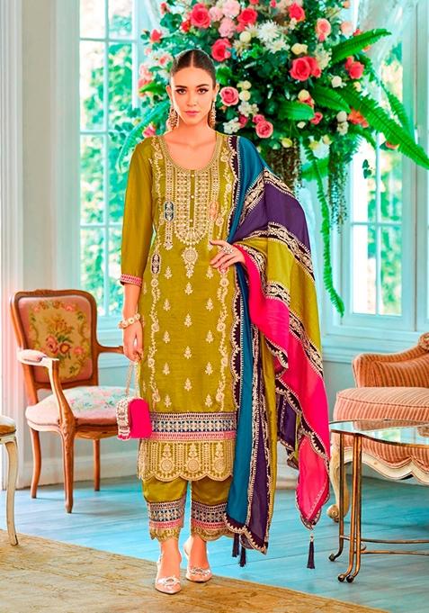 Green Embroidered Chinon Kurta Set