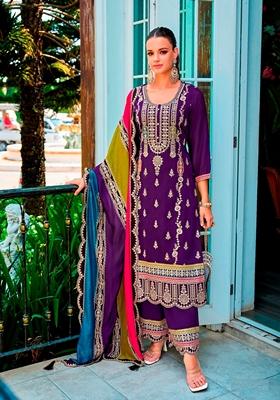 Purple Embroidered Chinon Kurta Set