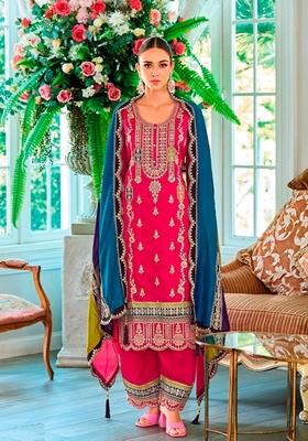 Rani Pink Embroidered Chinon Kurta Set