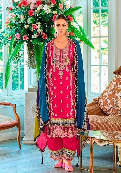 Rani Pink Embroidered Chinon Kurta Set