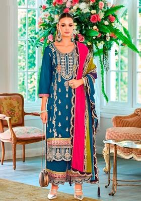 Aqua Blue Embroidered Chinon Kurta Set