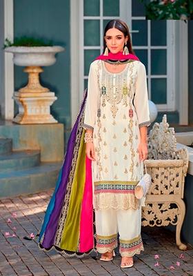 Cream Embroidered Chinon Kurta Set