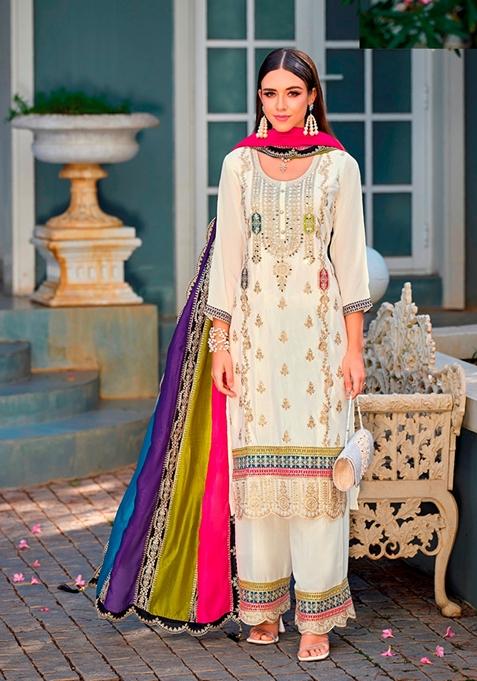 Cream Embroidered Chinon Kurta Set
