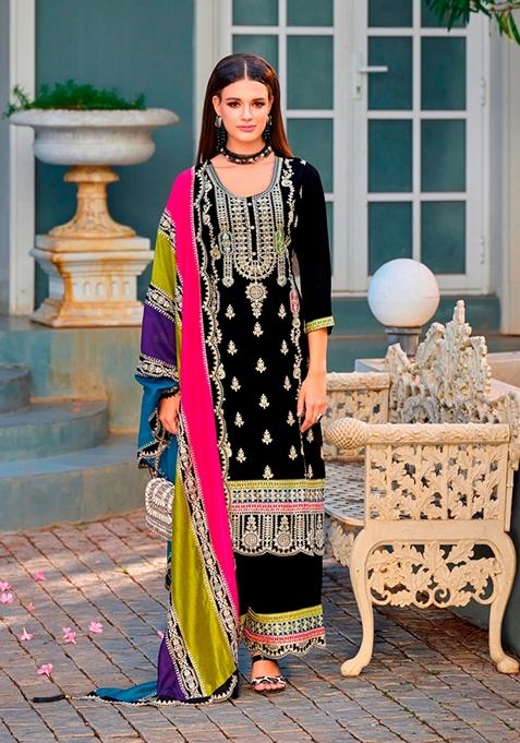 Black Embroidered Chinon Kurta Set