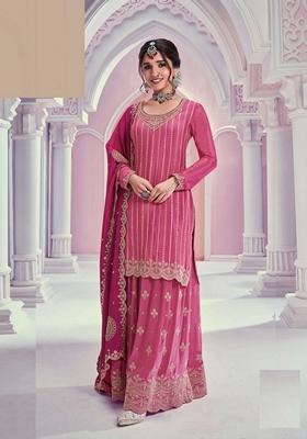 Pink Embroidered Chinon Sharara Set