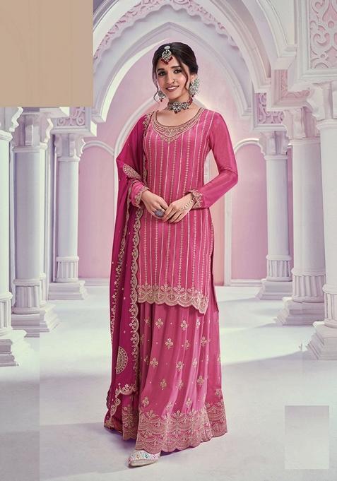 Pink Embroidered Chinon Sharara Set