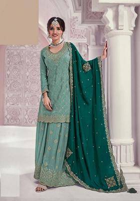 Sky Blue Embroidered Chinon Sharara Set