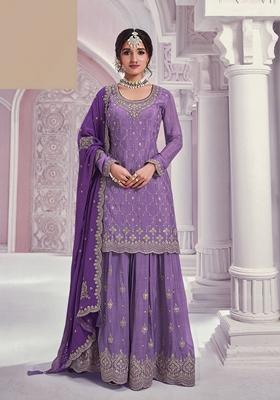 Violet Embroidered Chinon Sharara Set