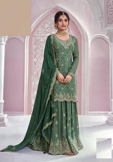Green Embroidered Chinon Sharara Set