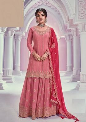 Peach Embroidered Chinon Sharara Set