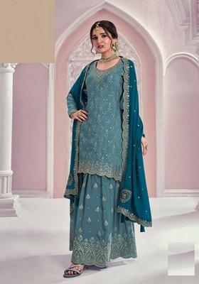 Sky Blue Embroidered Chinon Sharara Set