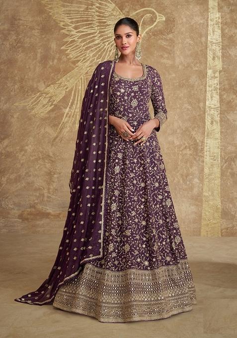 Wine Embroidered Georgette Anarkali Set