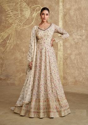 Beige Embroidered Georgette Anarkali Set