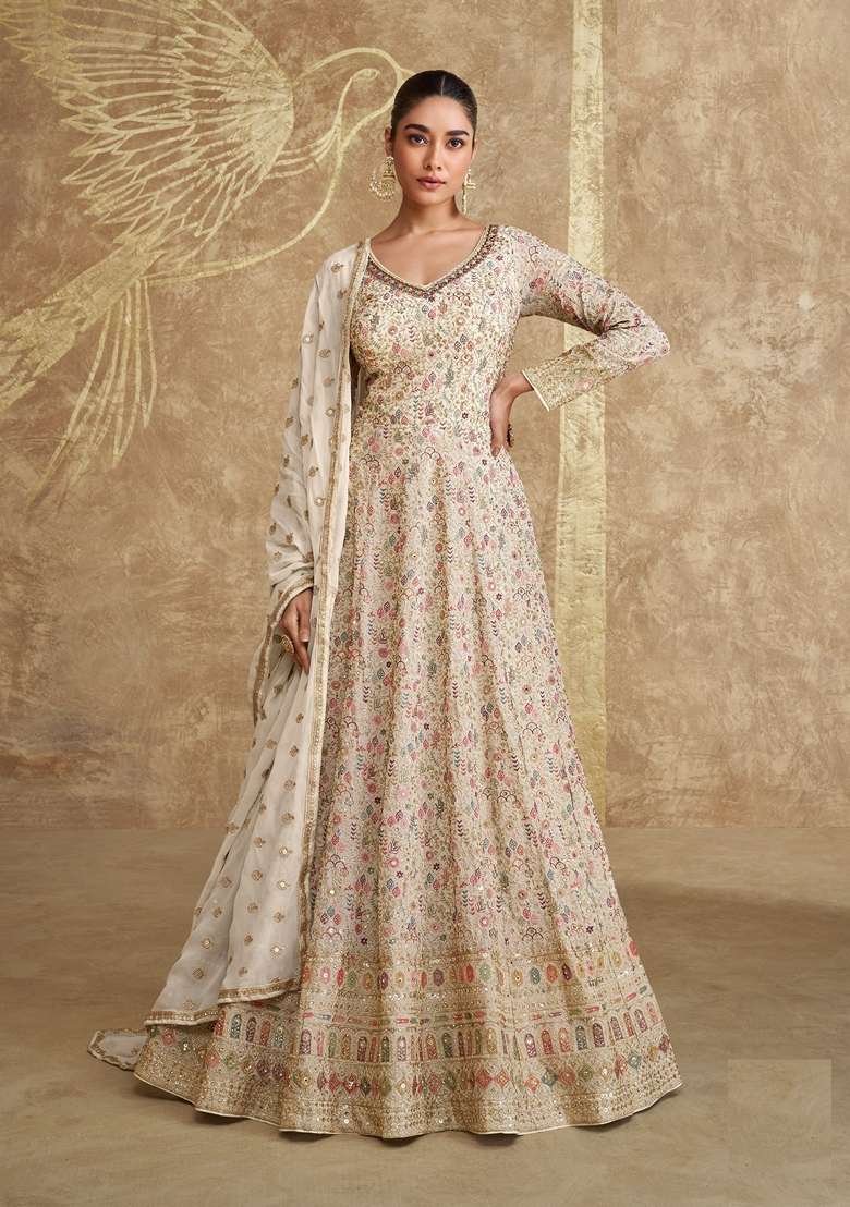 Beige Embroidered Georgette Anarkali Set - Indya