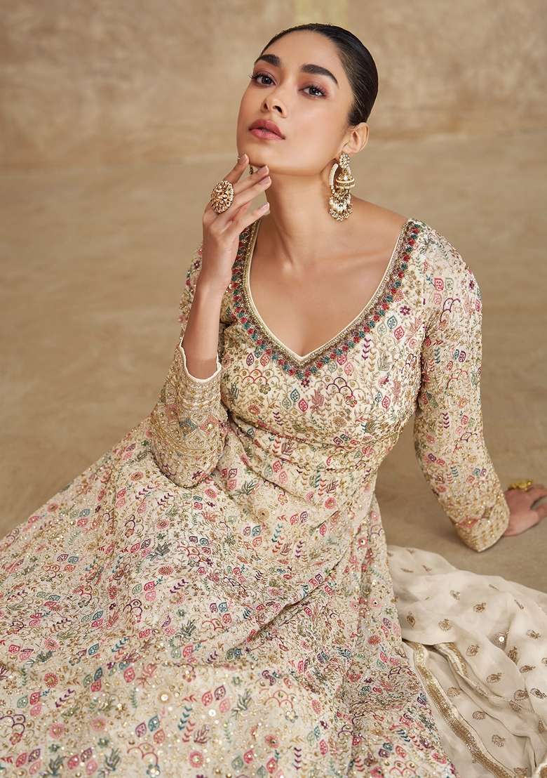 Beige Embroidered Georgette Anarkali Set - Indya