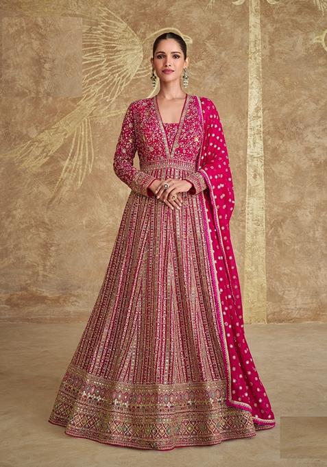 Pink Embroidered Georgette Anarkali Set