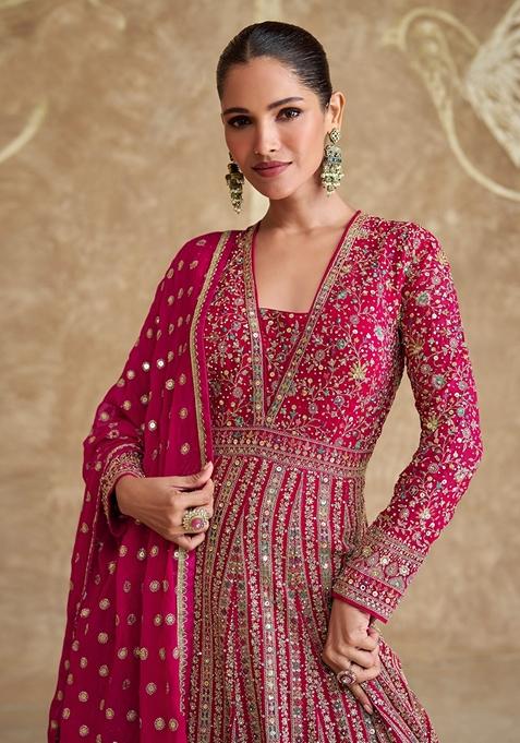 Women pink georgette embroidered designer anarkali gown