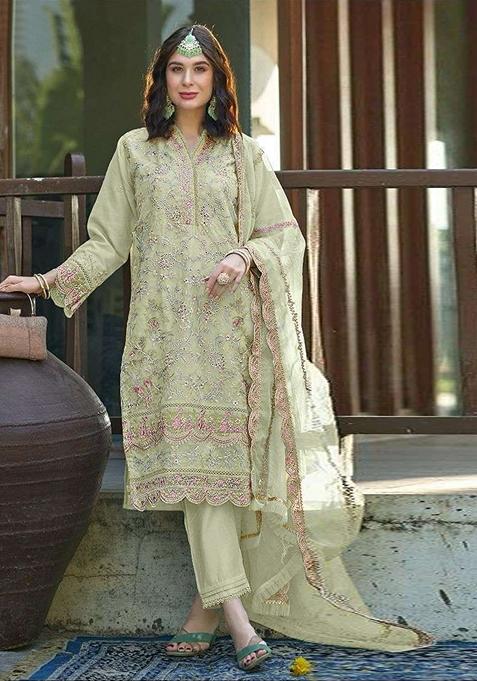 Pista Green Embroidered Organza Kurta Set