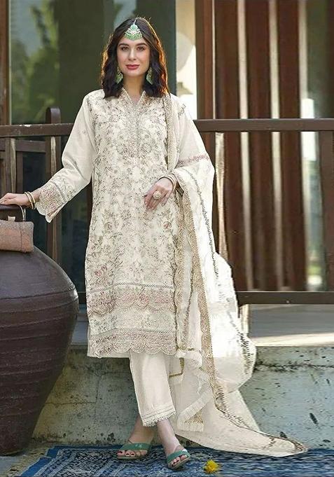 Cream Embroidered Organza Kurta Set