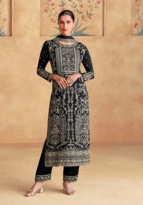 Black Embroidered Chinon Kurta Set
