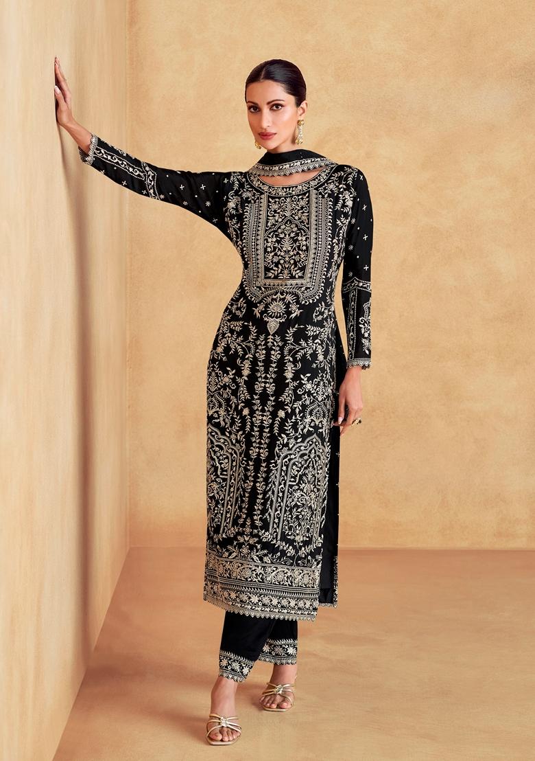 Black Embroidered Chinon Kurta Set - Indya