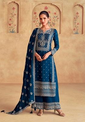 Blue Embroidered Chinon Kurta Set