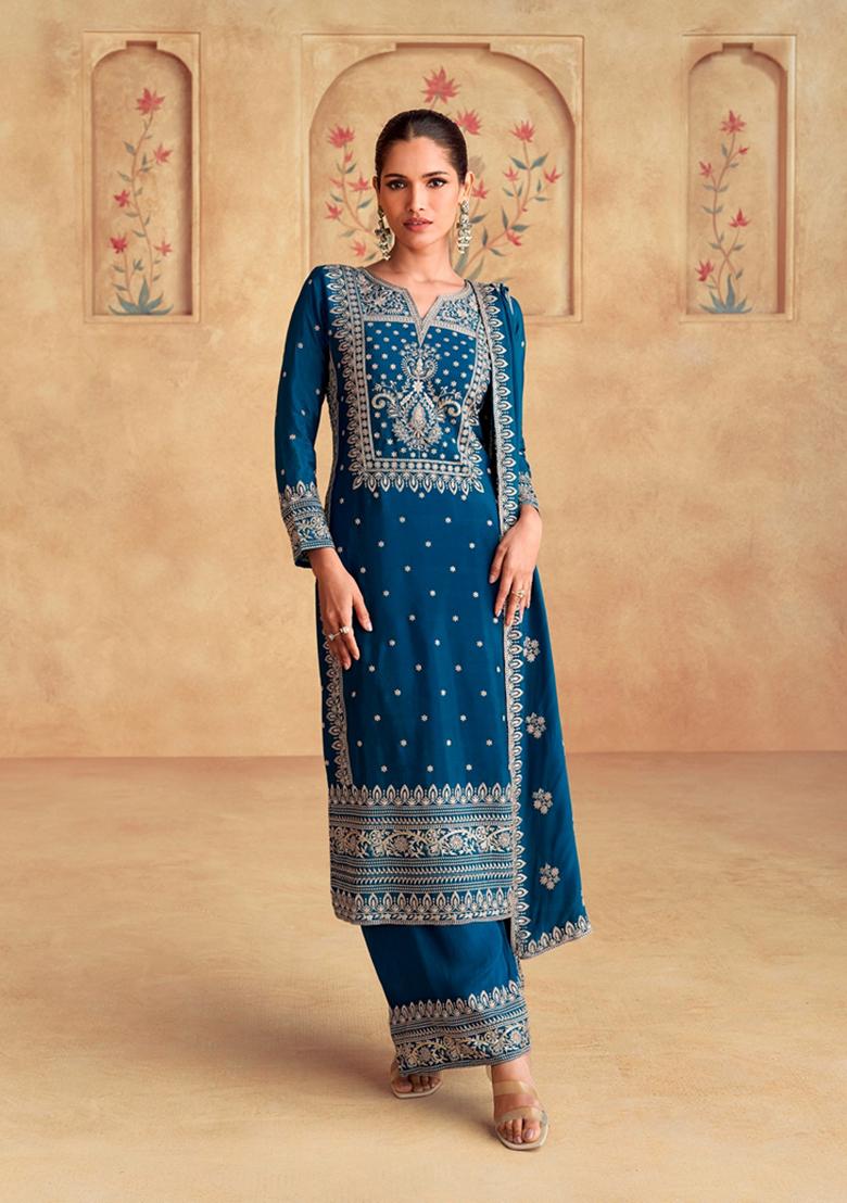 Blue Embroidered Chinon Kurta Set - Indya