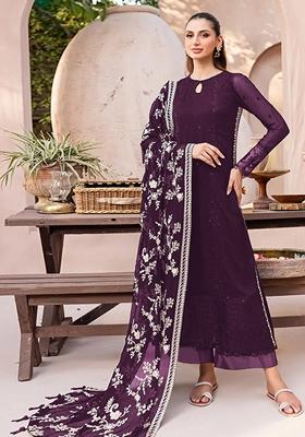 Purple Embroidered Georgette Kurta Set
