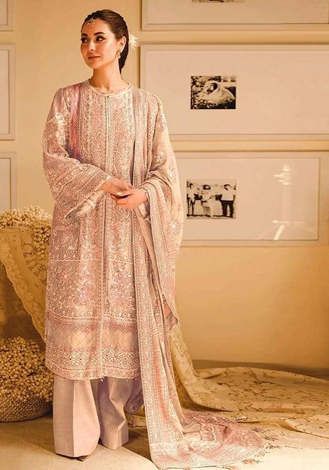 Beige Embroidered Georgette Kurta Set
