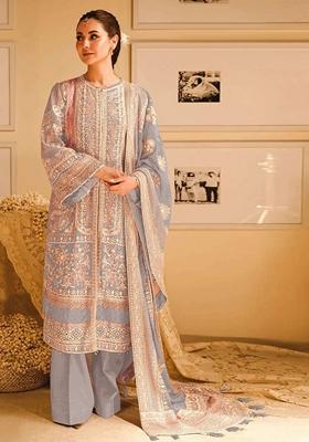 Grey Embroidered Georgette Kurta Set