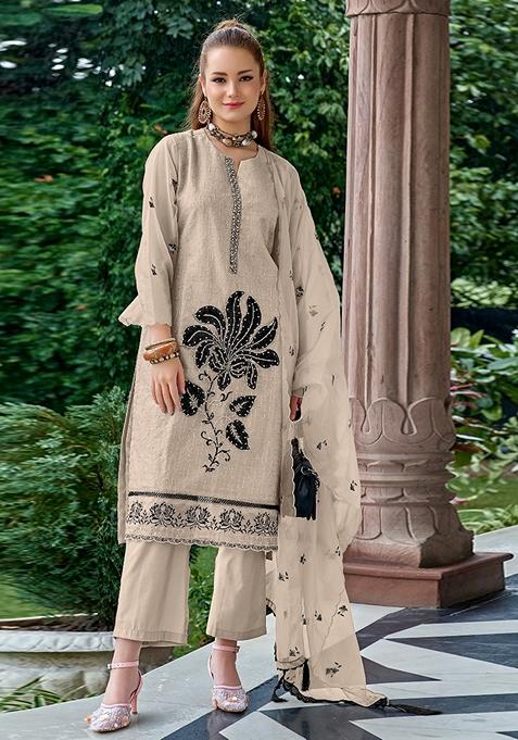 Chiku Brown Embroidered Organza Kurta Set