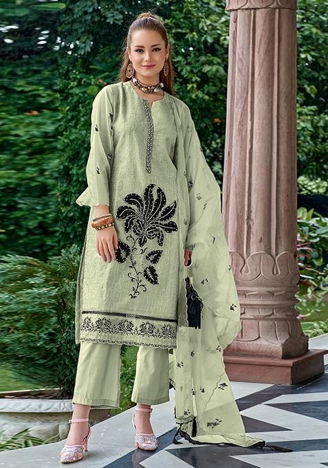 Pista Green Embroidered Organza Kurta Set