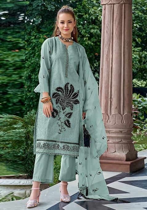 Sky Blue Embroidered Organza Kurta Set