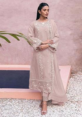 Beige Embroidered Georgette Kurta Set