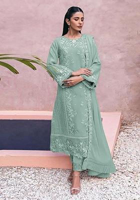 Green Embroidered Georgette Kurta Set