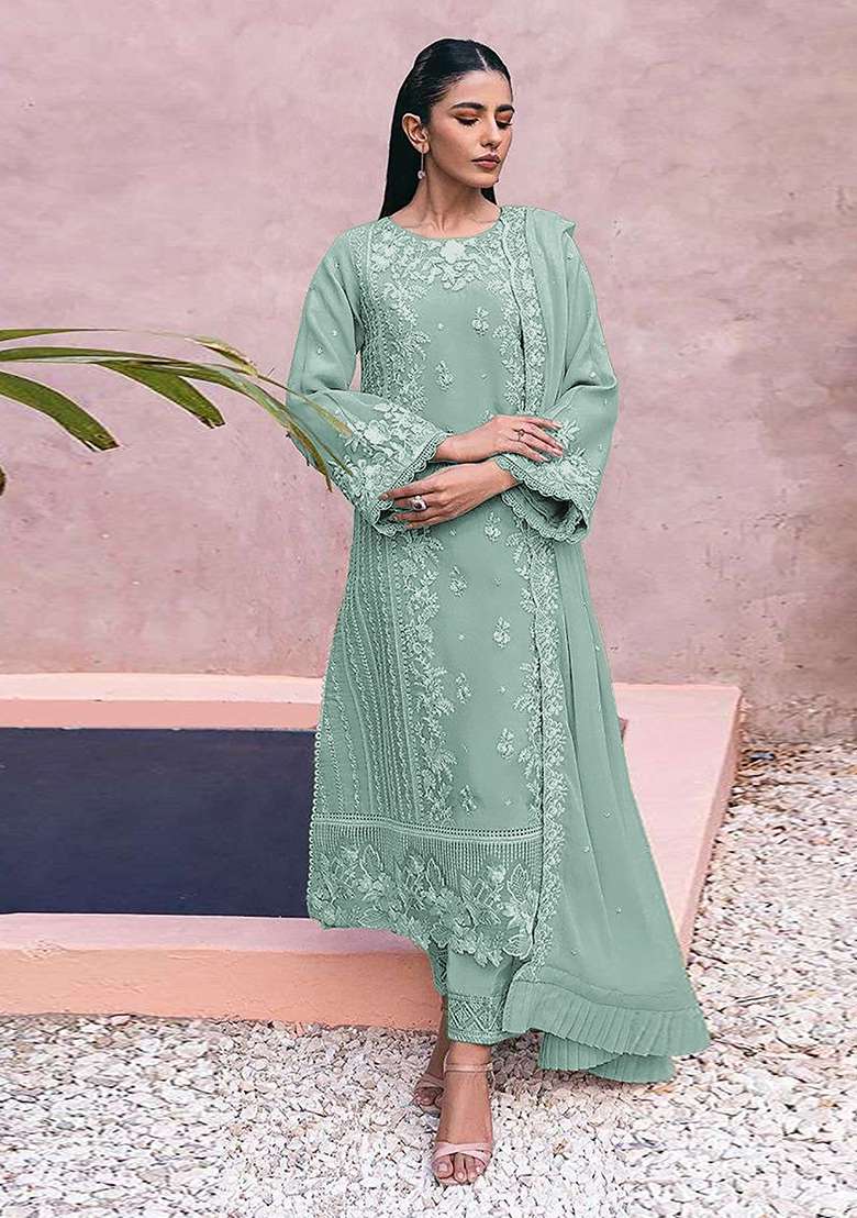 Green Embroidered Georgette Kurta Set - Indya