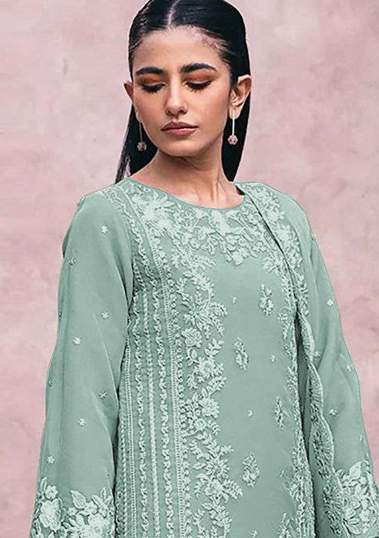 Green Embroidered Georgette Kurta Set - Indya