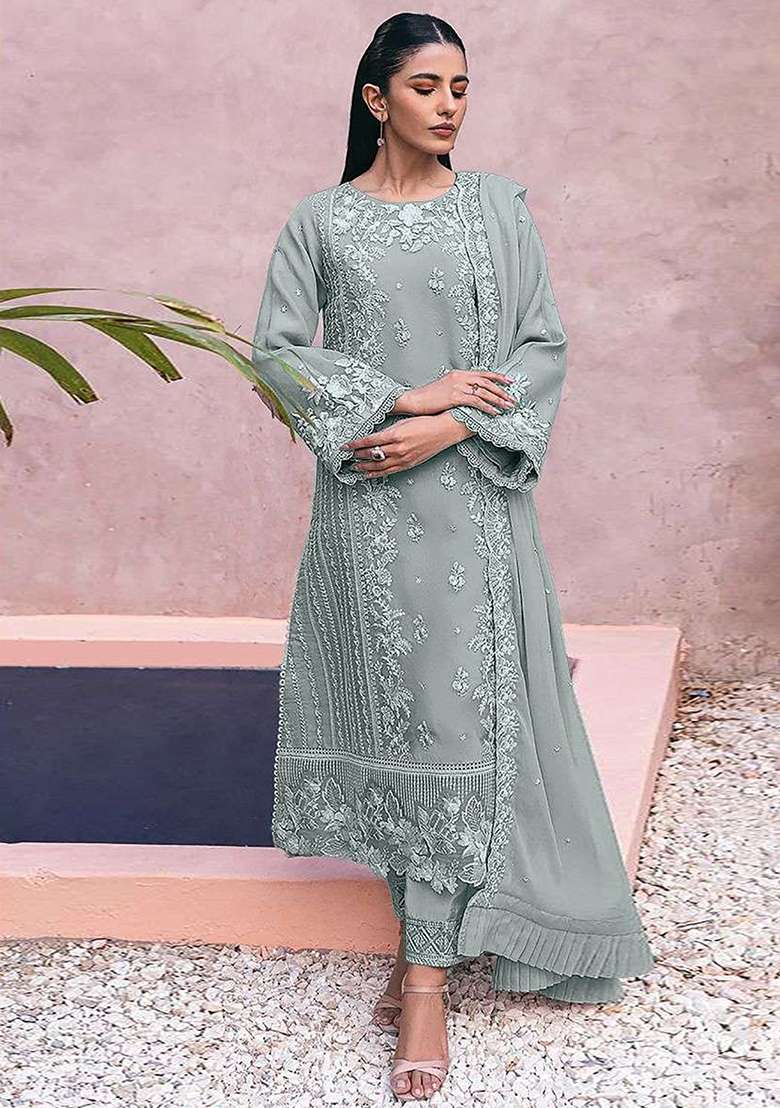 Grey Embroidered Georgette Pakistani Suit Set - Indya
