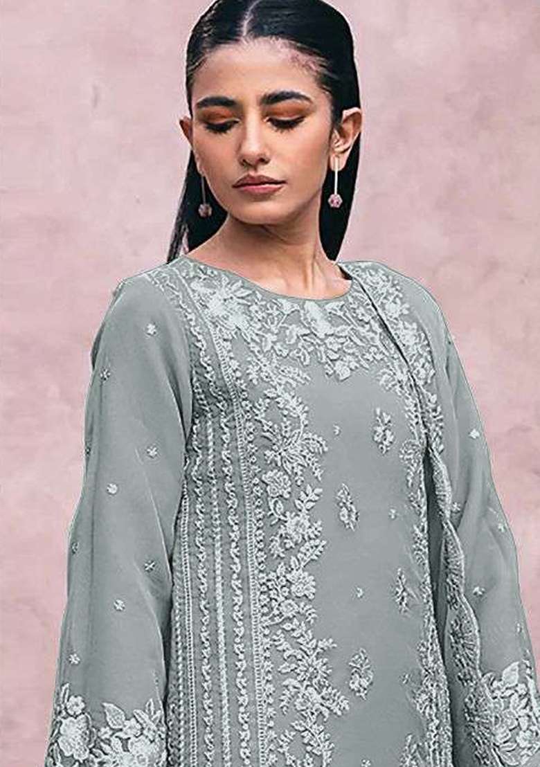 Grey Embroidered Georgette Pakistani Suit Set - Indya