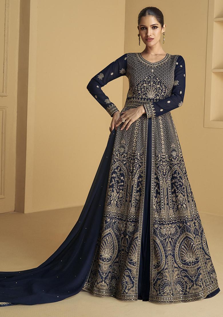 Blue Embroidered Georgette Anarkali Set