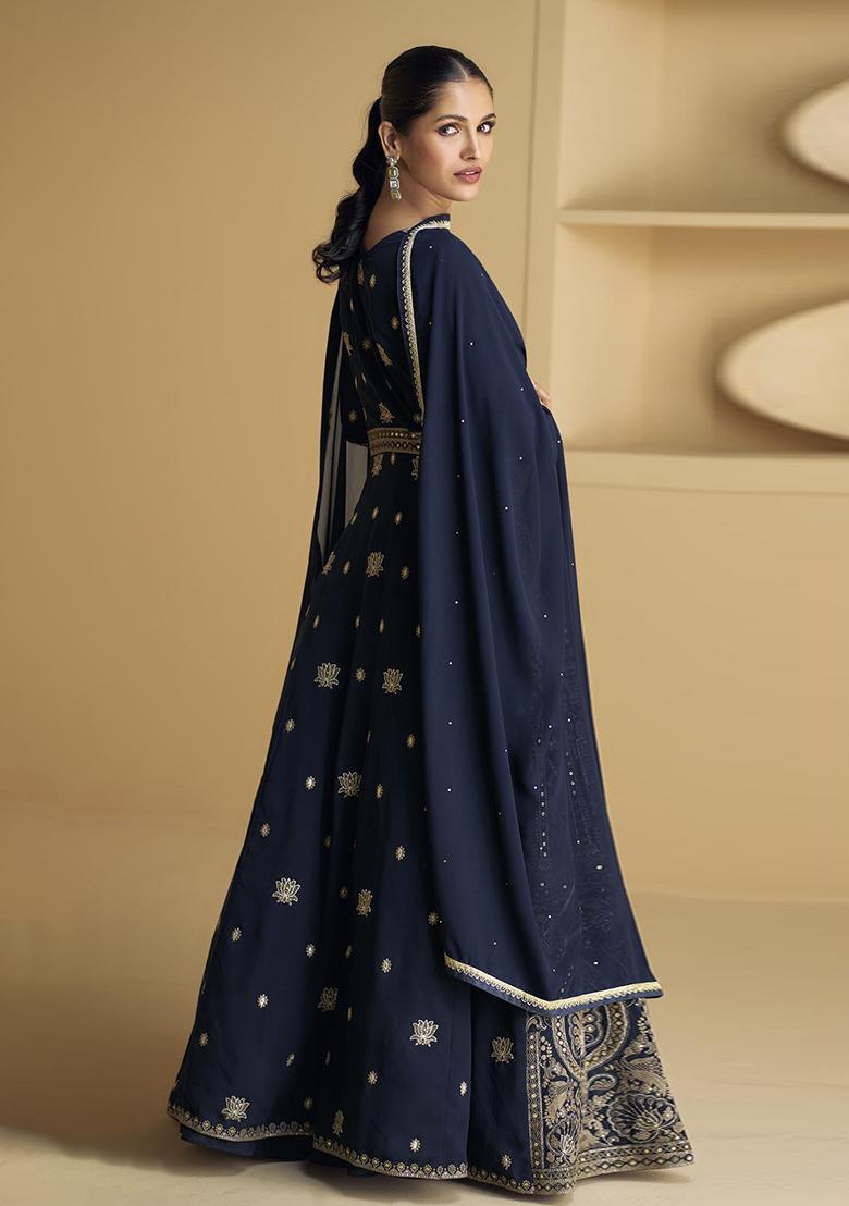 Blue Embroidered Georgette Anarkali Set
