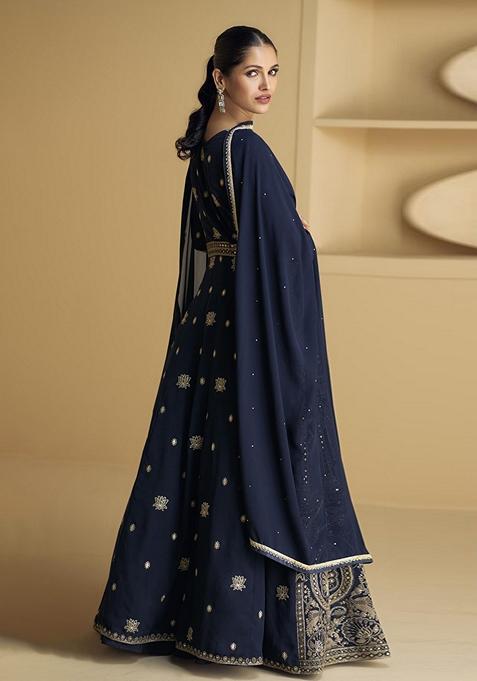 Blue Embroidered Georgette Anarkali Set
