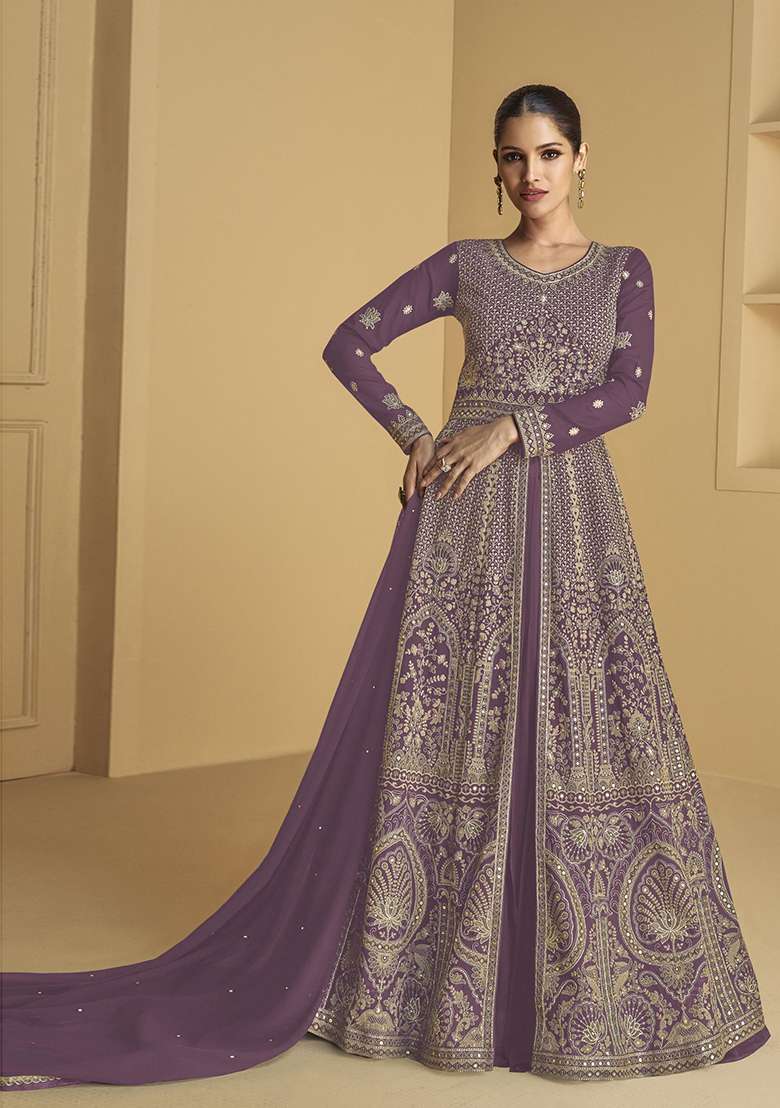 Mauve Embroidered Georgette Anarkali Set - Indya