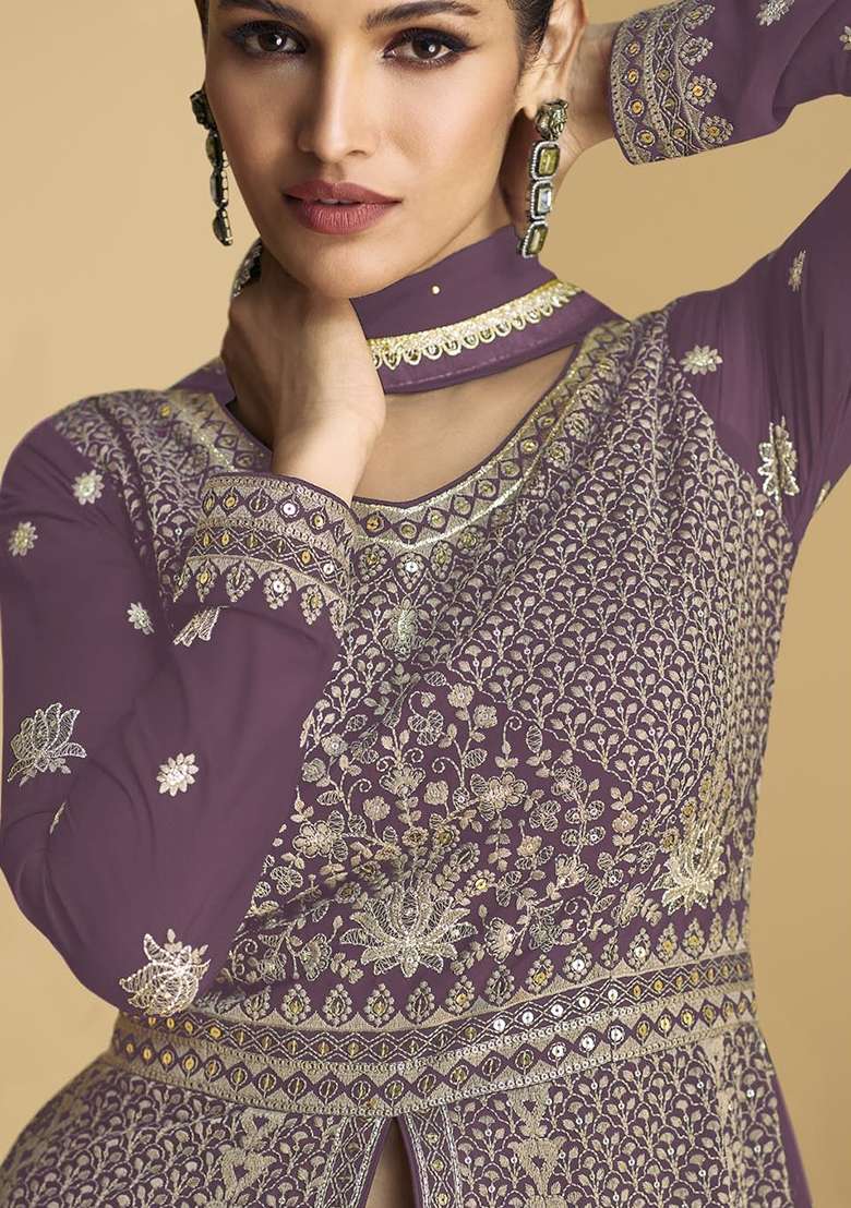 Mauve Embroidered Georgette Anarkali Set - Indya